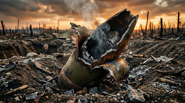 Destruction of war with a smoking missile in a scorched landscape  