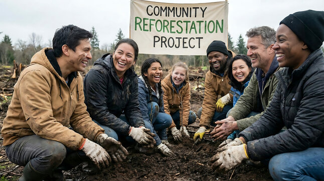 Diverse group of eco-activists with a happy and inspired mood planting trees for a "COMMUNITY REFORESTATION PROJECT" representing environmentalism and teamwork on a forest field background.