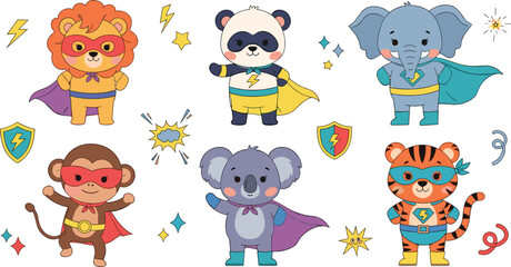 Cute superhero safari animal vector set featuring lion panda elephant monkey koala and tiger with capes and masks © Lunavera art