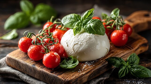 Fresh Mozzarella Ball with Vine Tomatoes and Basil Leaves on a Rustic Wooden Board, Italian Cuisine Ingredient