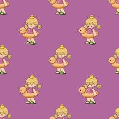 Fototapeta premium Cute seamless pattern featuring a cartoon girl in a yellow duck float on a purple background. Playful children’s design perfect for fabric prints, wrapping paper, kids’ products, summer themes
