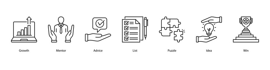 Success Journey web banner icon vector illustration featuring Growth, Mentor, Advice, List, Puzzle, Idea, and Win for career advancement and workplace goals.
