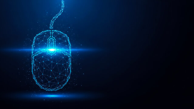 A futuristic, glowing blue computer mouse with a wireframe design and a dark background, representing technology and innovation