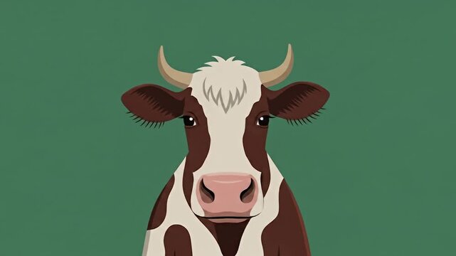 Cartoon-style cow portrait with brown and white markings against green background