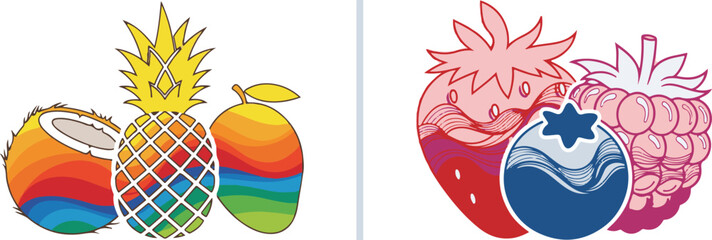 Colorful vector fruit groupings: tropical favorites like coconut, pineapple, and mango with rainbow gradients, alongside a berry trio of strawberry, raspberry, and blueberry with wavy patterns. © Muhammad
