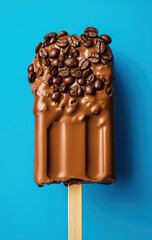 Obraz premium Chocolate ice cream bar with coffee beans on a blue background