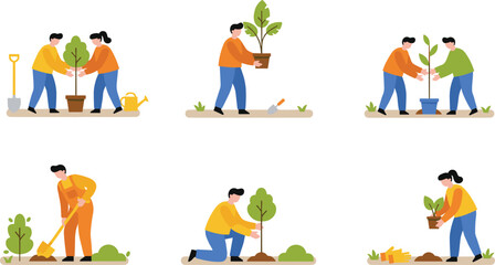 Tree planting activity vector illustration with people gardening, potted plants, shovels, teamwork, environmental care, and sustainability theme © Mossadessur Rahman