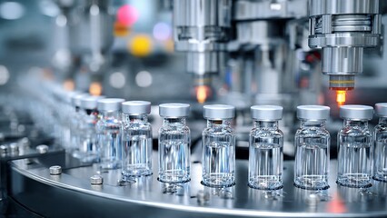 Automated vaccine vials moving on conveyor belt in pharmaceutical factory, high-speed medical manufacturing line, biotechnology industry and global healthcare supply chain.