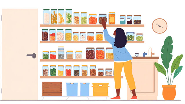 Woman Organizing Jars on Kitchen Shelf &ndash; Home Cooking and Storage Vector Illustration