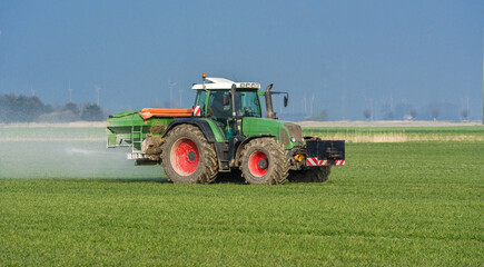 Tractor spreading fertilizer in spring on a grain field 