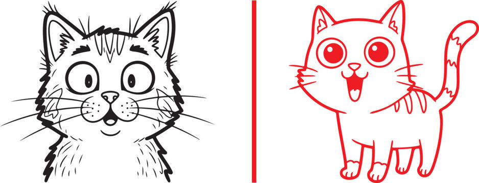 A surprised black-outline cat face next to a joyful, wide-eyed red-outline kitten. Both vector illustrations feature expressive cartoon styles separated by a vertical red line.