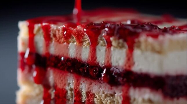 Strawberry syrup dripping on layered vanilla cake close-up dessert food photography