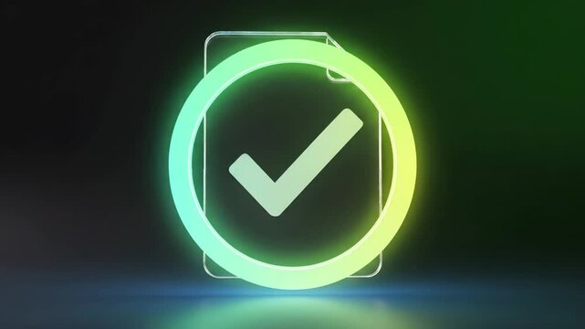 Glowing neon checkmark inside a circular ring on a document against a dark background. Digital approval and task completion concept for business compliance, quality assurance, and verification.