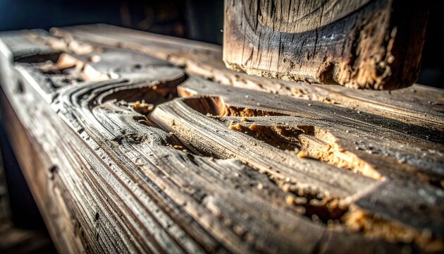 Detailed texture of gouged wood surface showing marks of a carving tool revealing raw texture