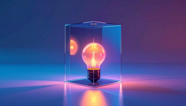 Glowing light bulb inside transparent glass cube with futuristic purple background