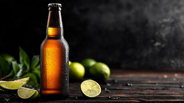 Amber Beer Bottle with Lime Slices on Dark Wood for Pub Menu Advertising and Cinco de Mayo Celebration Concept