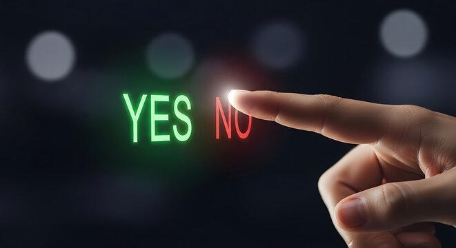 A hand choosing yes over no with a glowing green button