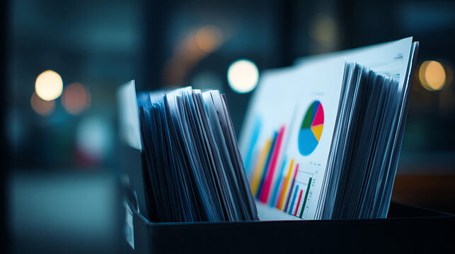 Close-up of business reports and financial documents with colorful charts and graphs inside an organizer, highlighting data analysis and economic growth