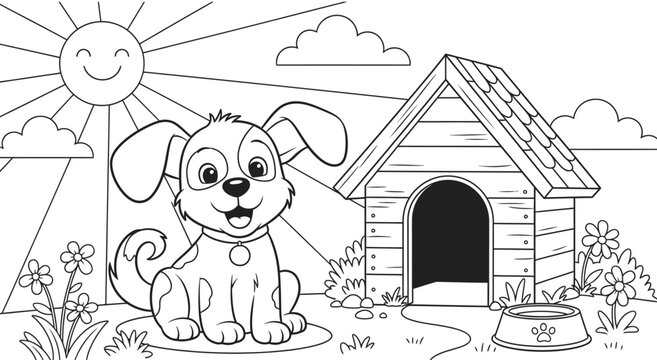 A cheerful cartoon dog sitting outside its cozy doghouse on a sunny day
