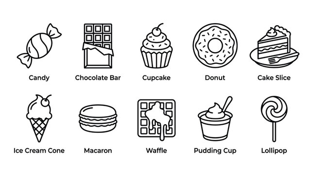 Graphic illustration showcasing a collection of delicious dessert icons in black outline style, including candy, donut, cake, ideal for menus, recipes, and website design elements.