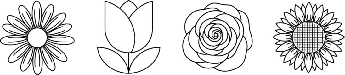 Minimalist black and white outline set featuring four distinct flower icons including a daisy tulip rose and sunflower designs