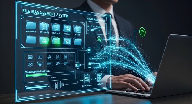 information, management, system, storage, multimedia, file manager, file, document, and folder. A businessman is using a laptop to type on a keyboard. Organizing Files HUD Display