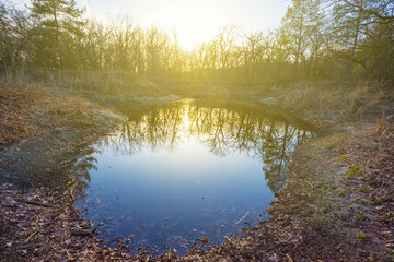 small calm lake in the forest at the sunset, quet outdoor scene © Yuriy Kulik