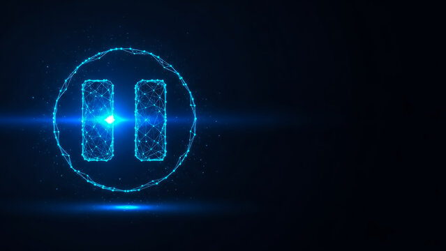 A futuristic pause button icon made of neon blue lines and dots, set against a dark background with a glowing effect