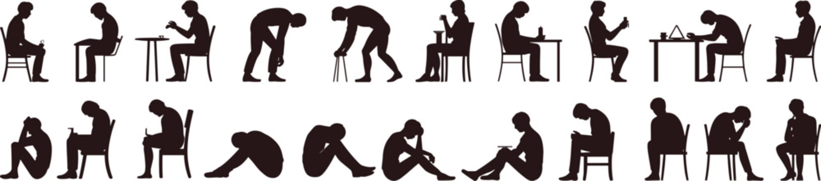 Flat vector illustration of sitting posture sequence, slouched positions, fatigue icons, burnout silhouettes, stress design elements, ergonomic awareness, human figure