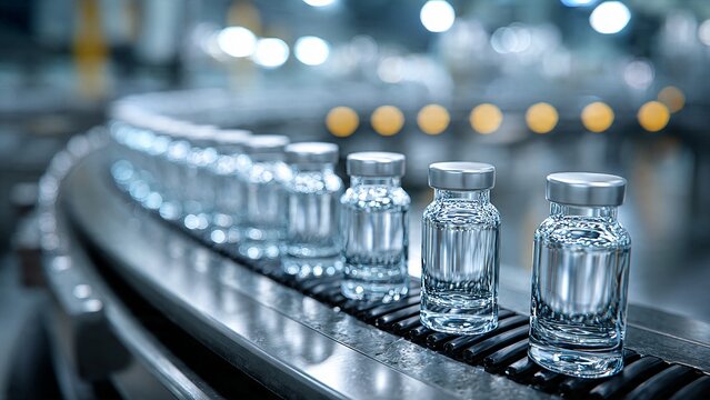 Row of medical glass vials on curved conveyor belt, automated pharmaceutical production line in modern factory, biotechnology supply chain and healthcare manufacturing concept.