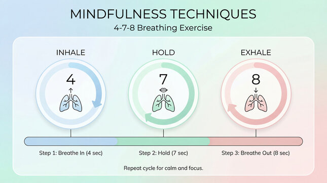 Mindfulness breathing graphic guides calm practice. Breathing exercise shows inhale four, hold seven, exhale eight for stress relief, anxiety support, meditation teaching, wellness routine