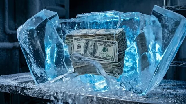 Cash enclosed in ice block reveals difficulties in accessing funds. Cold environment with melting ice reflects urgency. Concept of finance, investment, banking