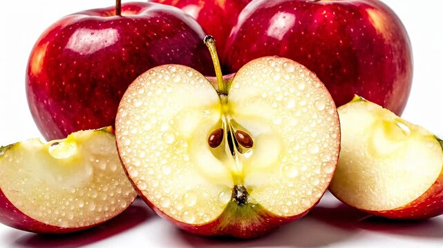 Fresh red apples with water droplets, one sliced in half