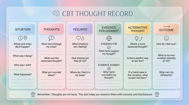 CBT worksheet tracks thoughts, feelings, evidence. CBT worksheet shows situation, automatic thoughts, body feelings, evidence for or against, balanced reframing, outcome for therapy use