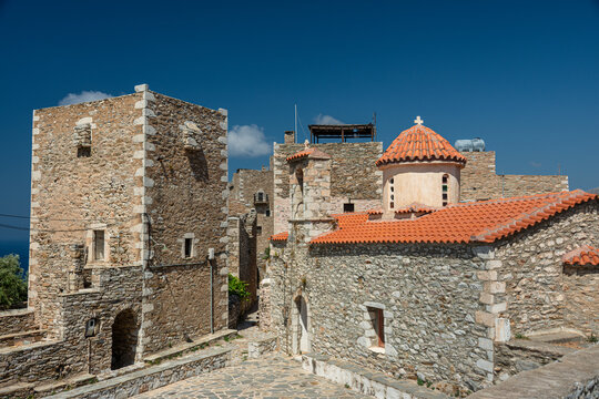 Greece Vatheia village. Old abandoned tower houses in Vathia Mani Peninsula, Laconia Peloponnese Europe