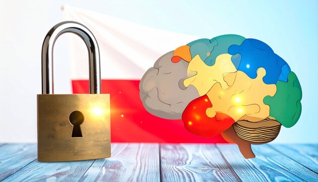 3D brain puzzle with golden lock security concept on wooden background