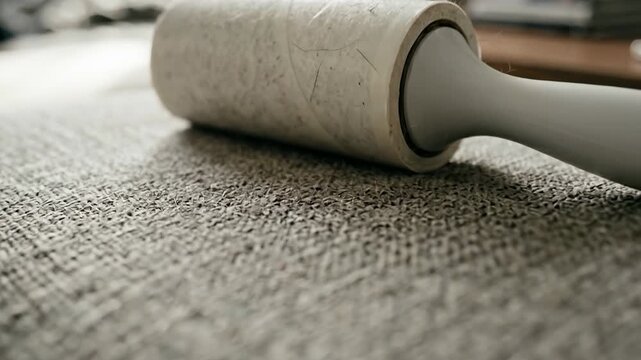 Roller on fabric couch collects lint and debris. Focus on cleaning process in a comfortable living room with soft lighting. Concept of home cleaning, interior design, furniture care