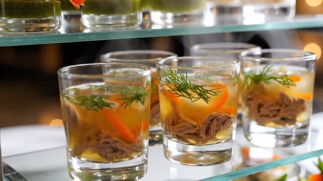 Gourmet shrimp appetizers and savory shots on a catering buffet