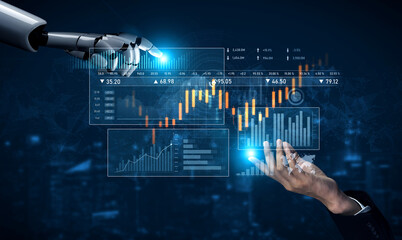 A seamless integration of robotic technology and human interaction showcases the evolution of trading strategies in finance through advanced data analytics and visualization. Scalp