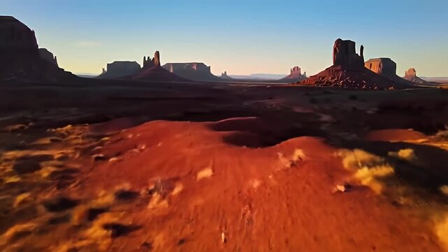 Desert landscape with towering mesas, reddish ground, blue sky, and clear air