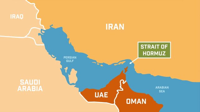 Map showing the Strait of Hormuz, global oil transport. Animated video.