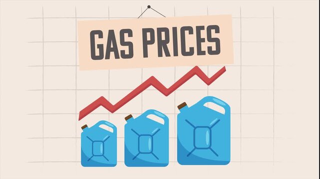 Gas prices rising. Animated video with jerrycans and an upward trending graph.