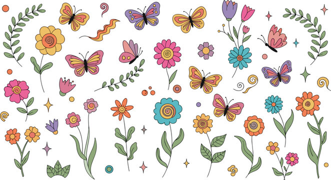 Retro groovy wildflower and butterfly vector set featuring colorful hand drawn floral blossoms and y2k aesthetic icons
