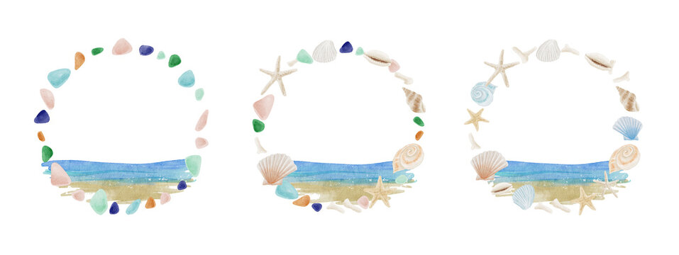 Watercolor beach frame with seashells and sea glass-300dpi-