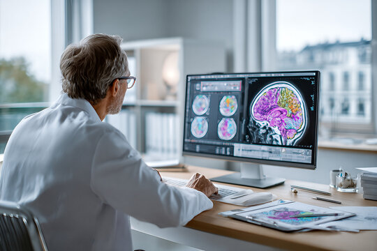 Experienced neurologist analyzing colorful brain MRI on high-resolution monitor in modern clinic &mdash; neuroimaging, diagnosis and medical research