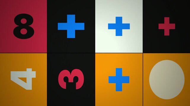 Animated 2x4 Grid with Colorful Symbols and Geometric Shapes