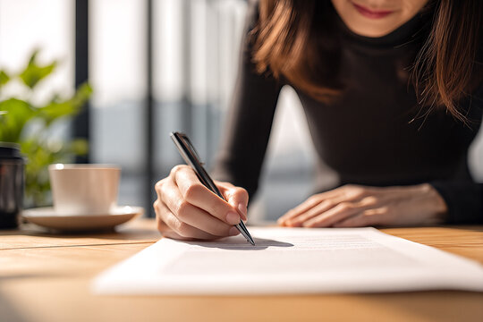Close-up of a woman signing a contract at a wooden desk with coffee - professional document signing in modern office, business agreement and paperwork