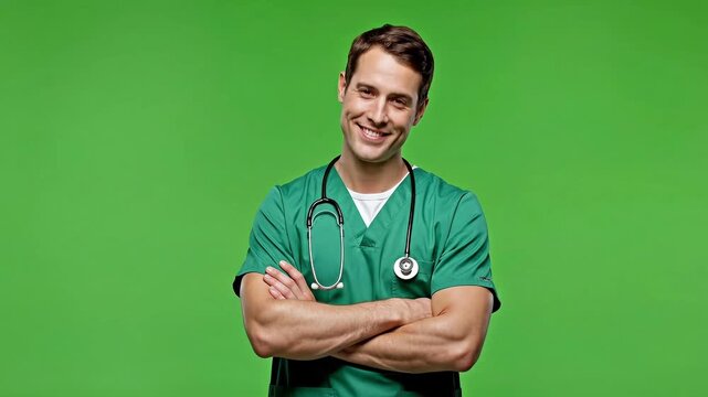 A cheerful doctor with arms crossed conveys trust and competence. Ideal for healthcare marketing, website imagery, or representing medical professiona