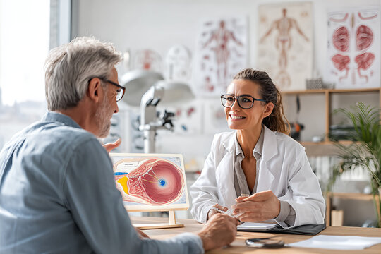 Smiling ophthalmologist explaining detailed retinal anatomy to a mature male patient during an eye consultation in a bright modern medical clinic
