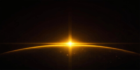 A glowing blue planet Earth shines in dark space with a digital motion effect featuring sun flares and a radiant sunrise beam © nur